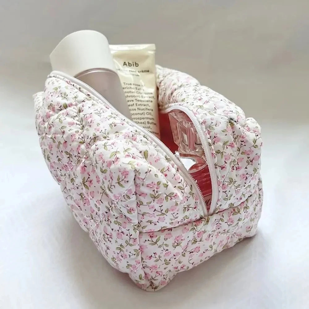 Pink floral quilted makeup bag