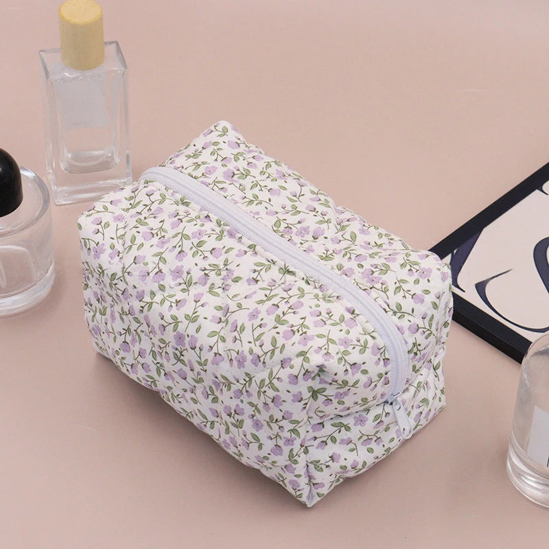 Purple floral quilted makeup bag