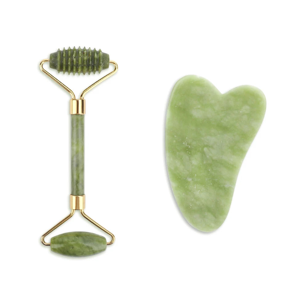 Jade face roller and gua sha set for skin care